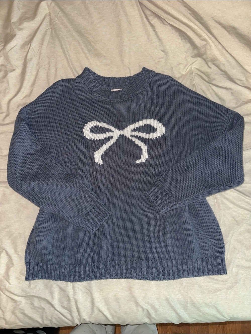 Sincerly Jules Navy Crewneck Sweater with White Bow Motif
